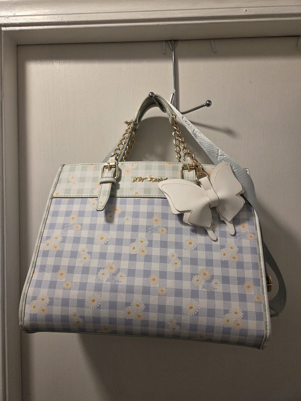 Betsey Johnson Pastel Blue Gingham Daisy Satchel with Butterfly Charm